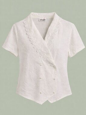 Vintage White Lace Wrap Blouse Cottagecore Top Size M